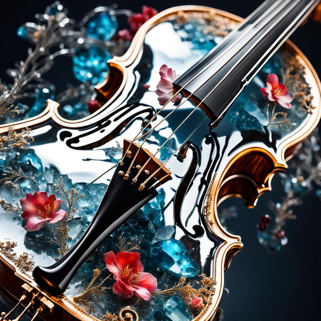 Disintegrating Crystal Violin with Flowers, Digital Art