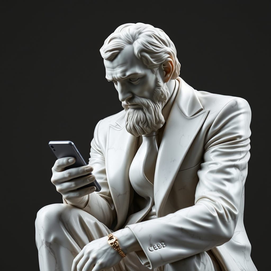 The Thinker Sculpture in Suit with Smartphone