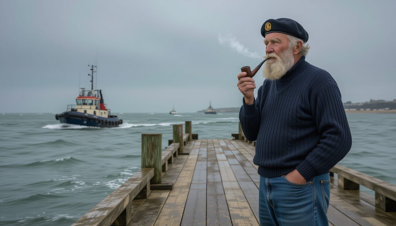 Melancholy Sailor on Pier: Cinematic Photography