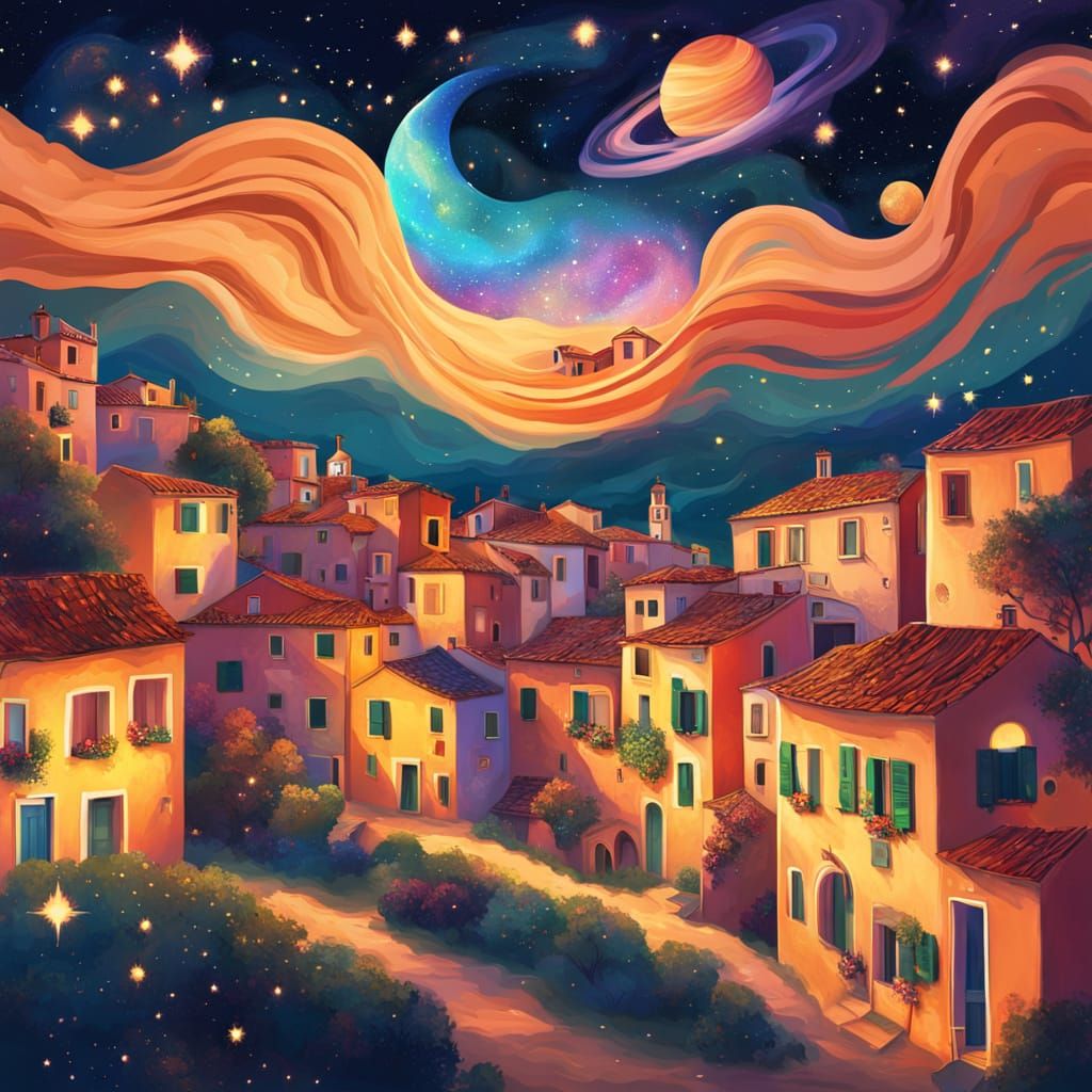 Cosmic Italian Village Dreamscape in Vivid Digital Art