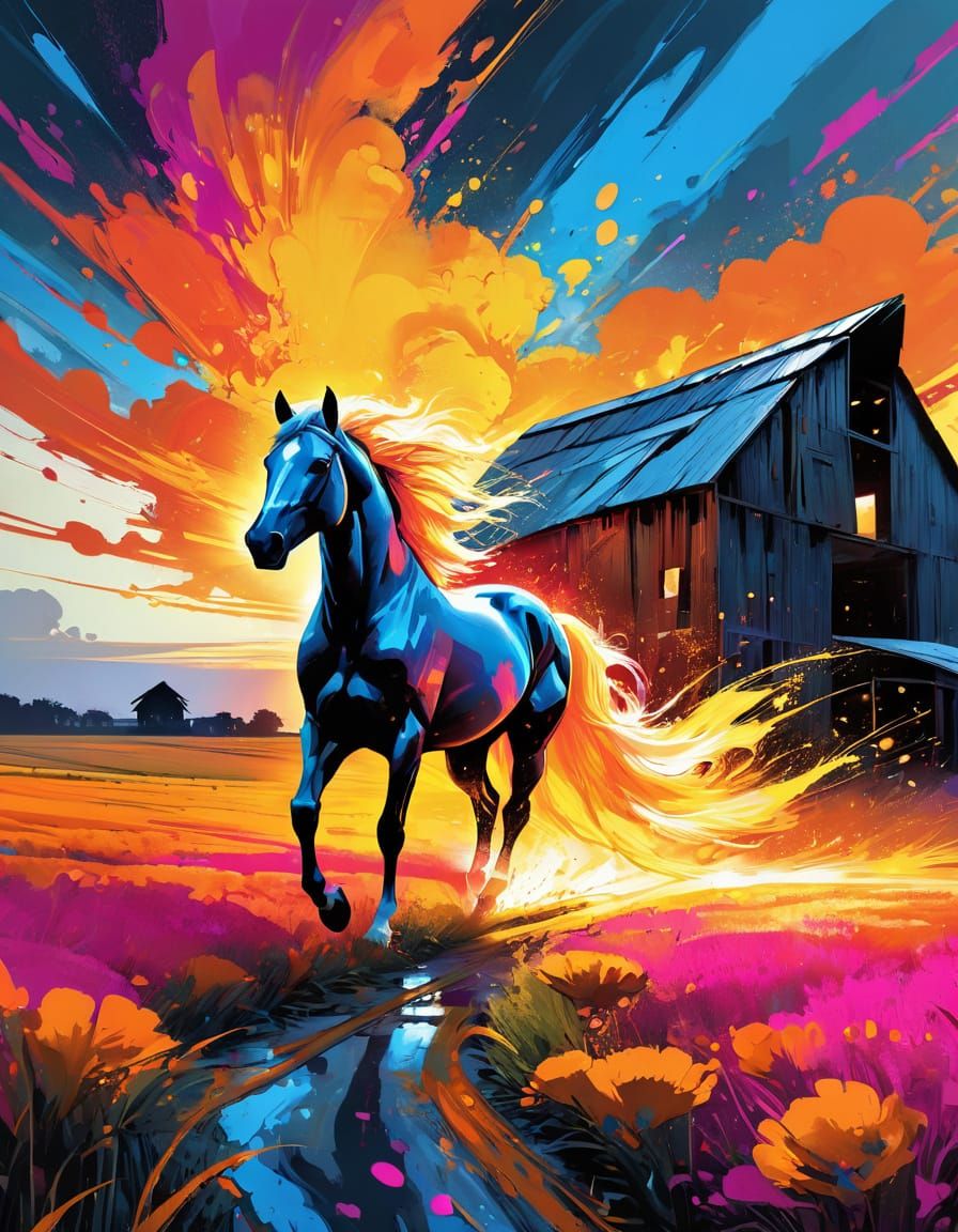 Horse Grazing in Surreal Sunset: Comic Book Art