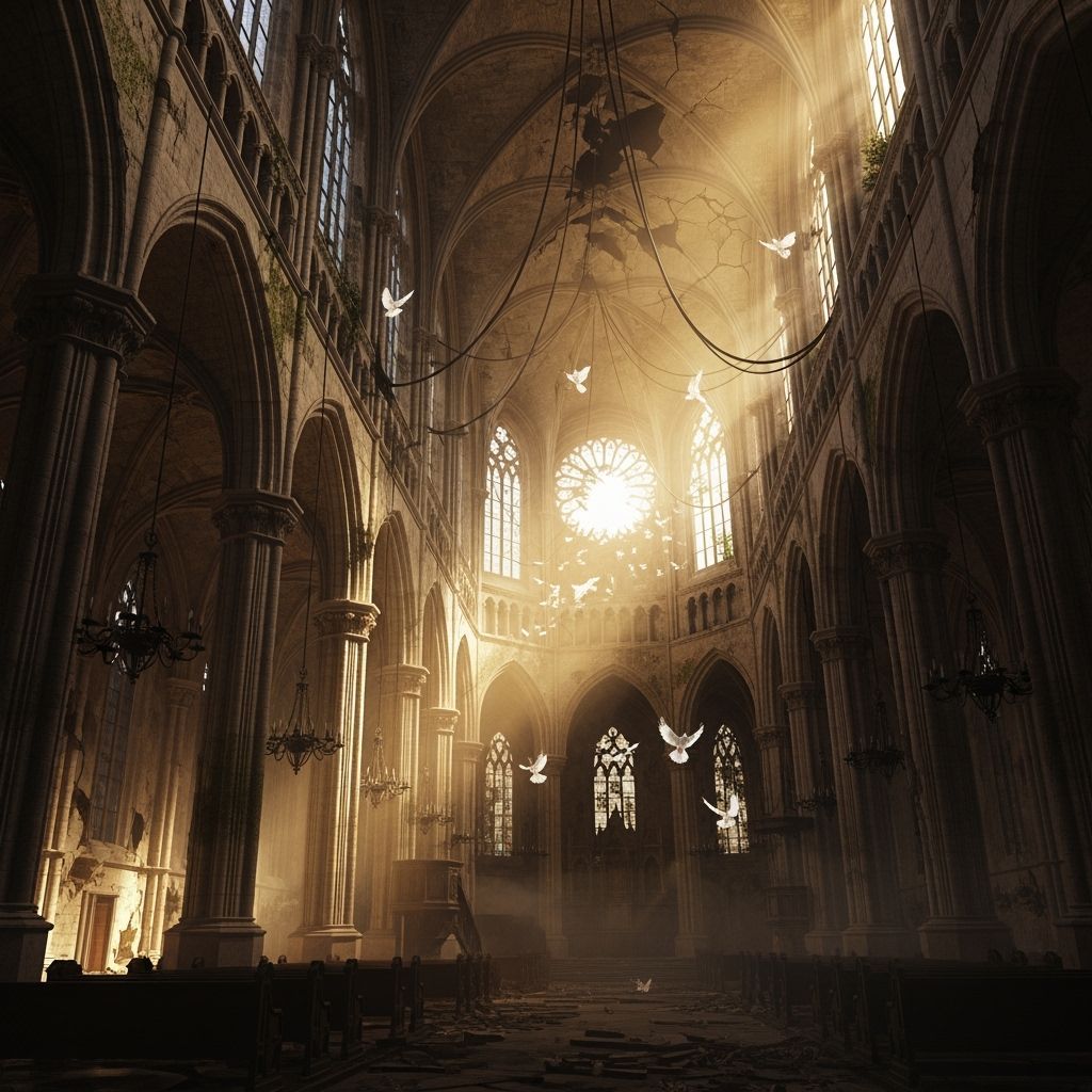 Overgrown Gothic Cathedral Interior in Golden Light