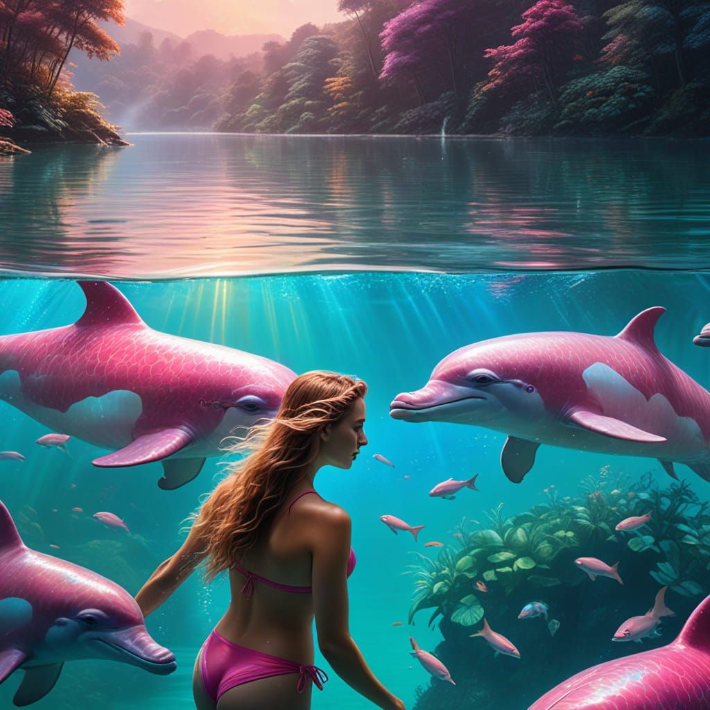 Ethereal Fantasy: Couple Swimming with Pink Dolphins