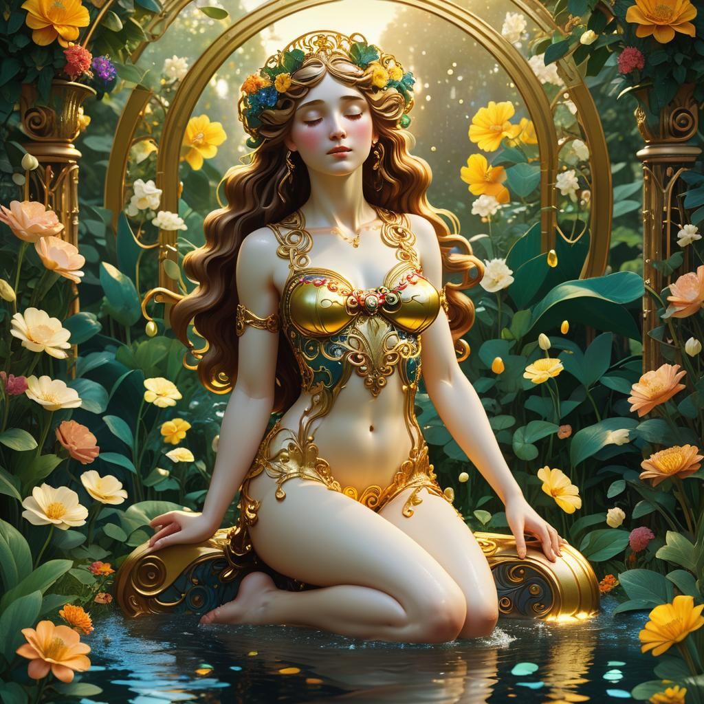 Goddess Venus in Art Nouveau Garden, Klimt-Inspired