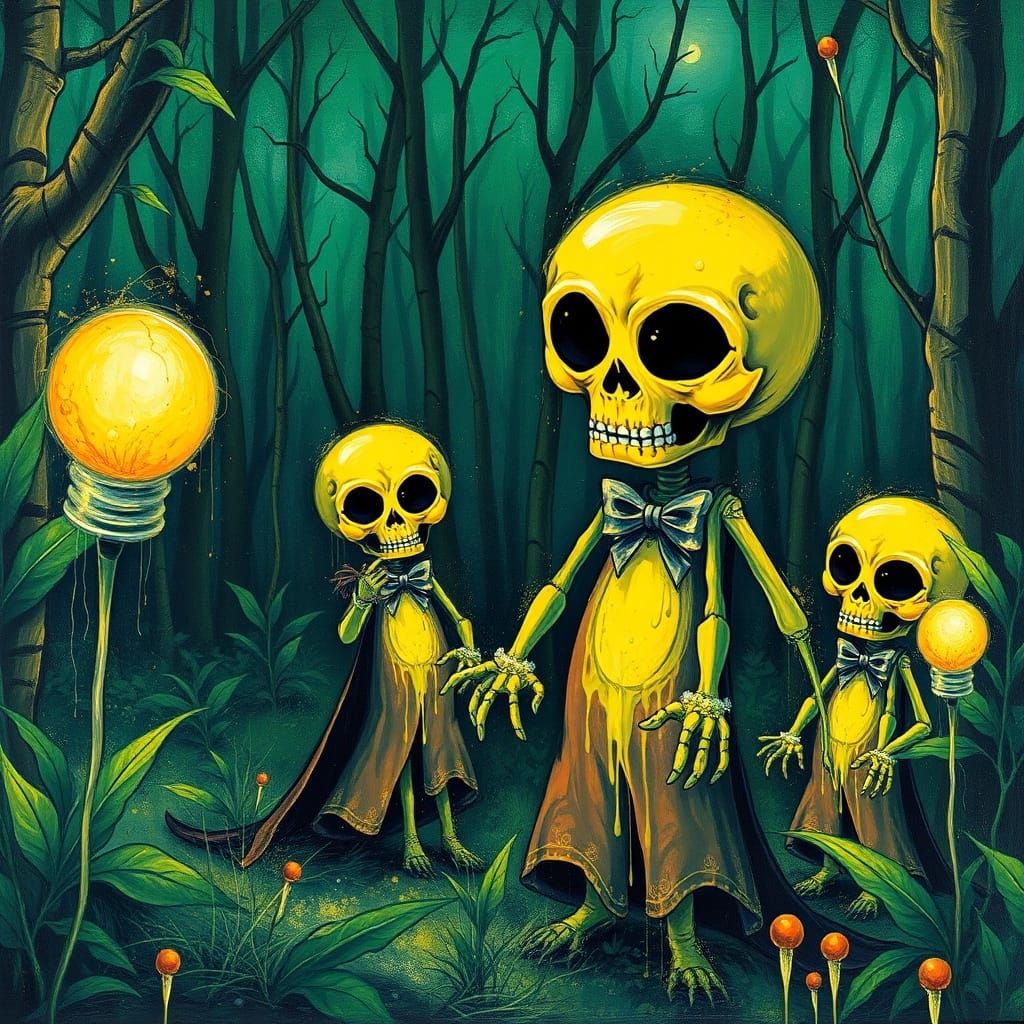 Moonlit Voodoo Dolls in Forest Graffiti Art