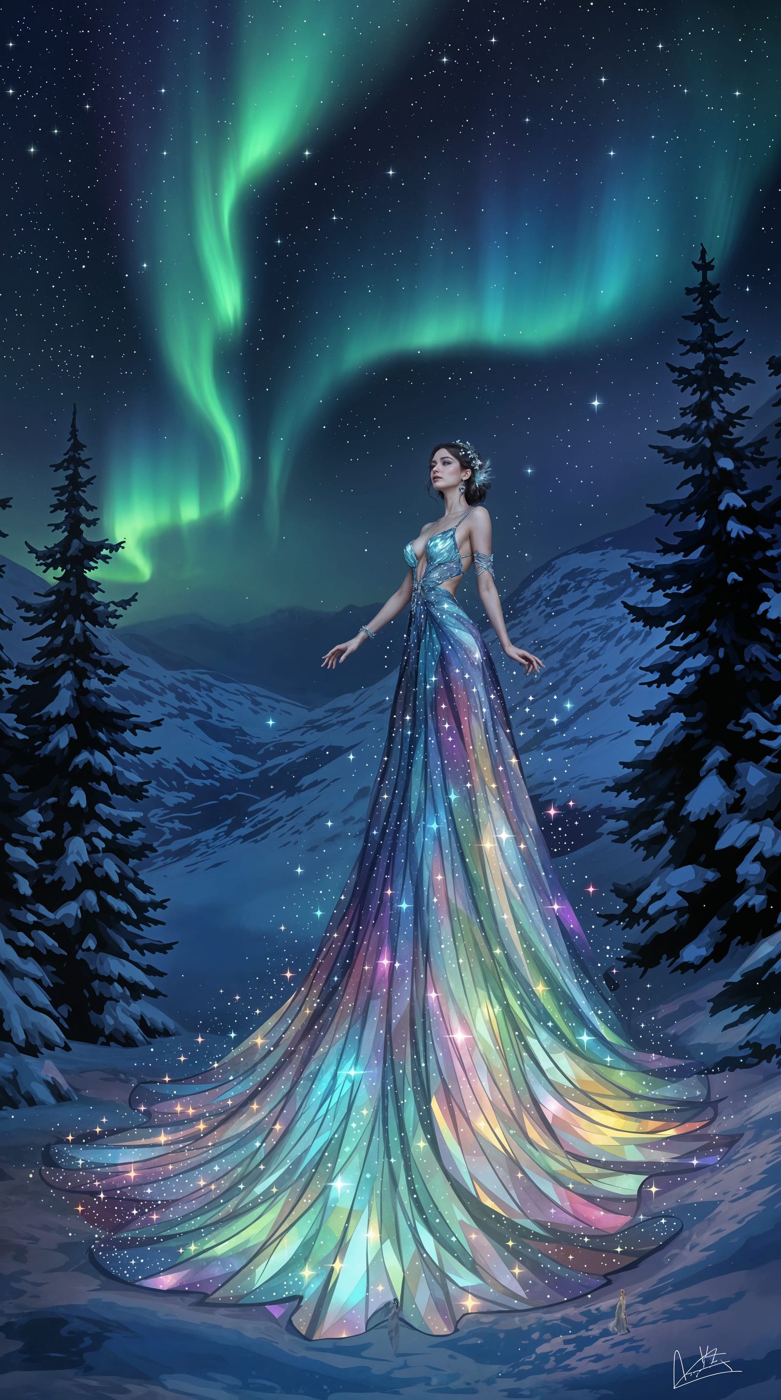 Ethereal Goddess in Celestial Gown at Night