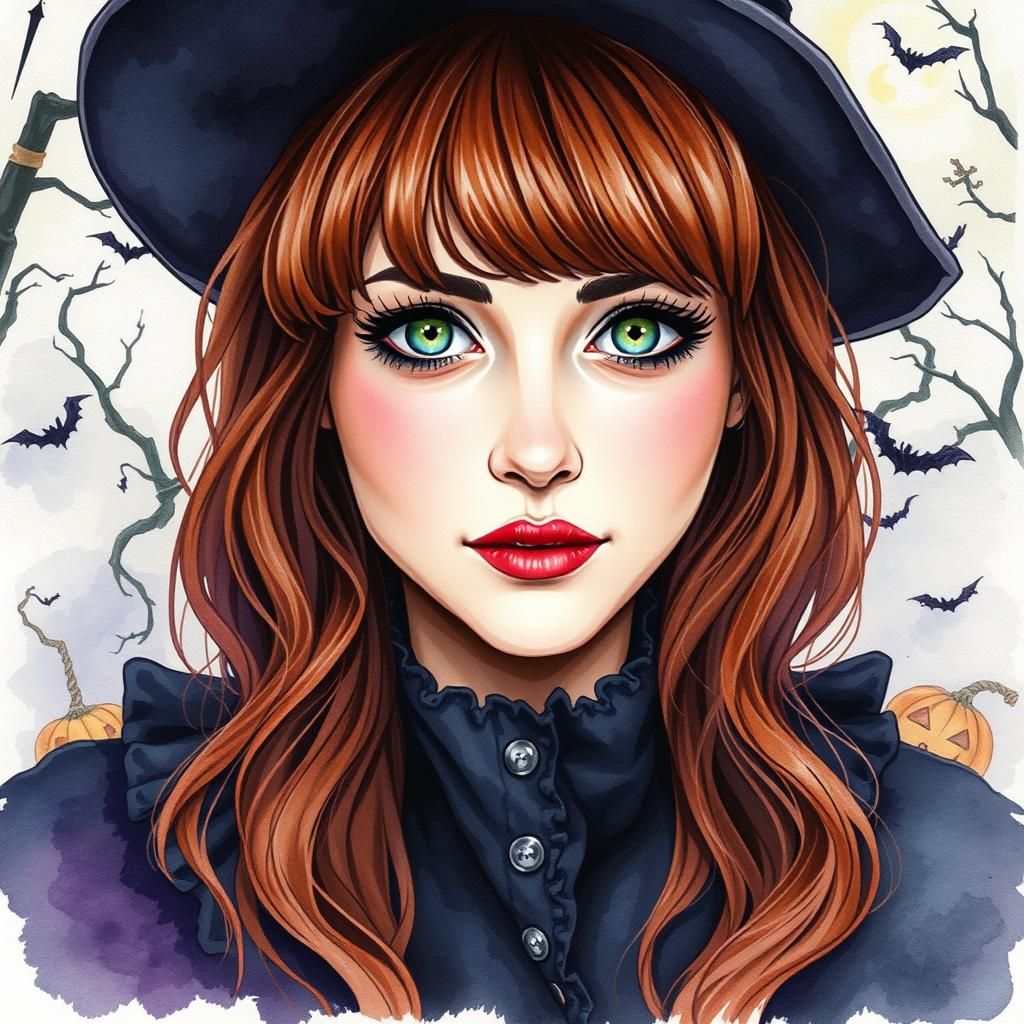 Watercolor Portrait of a Halloween Witch