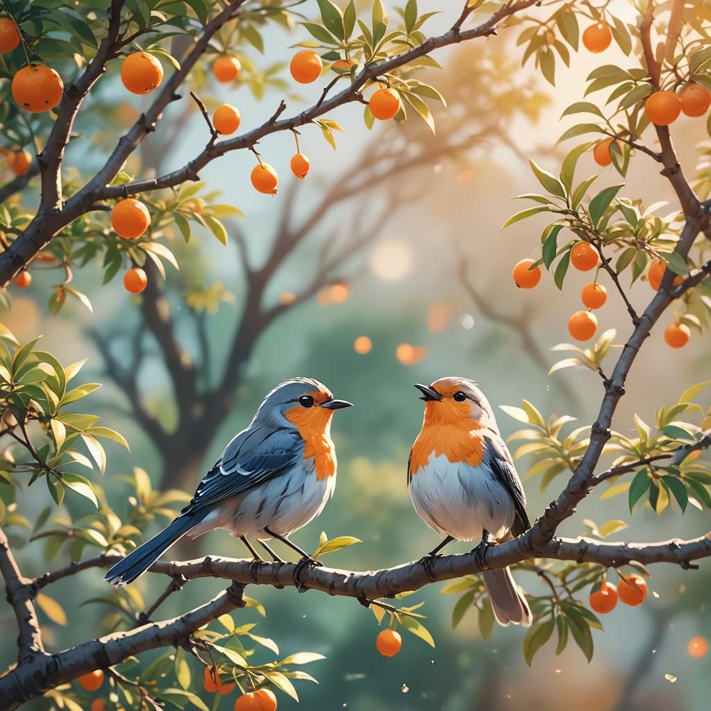 Bird Singing on Orange Tree Branch in Anime Style