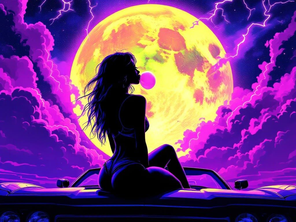 Woman, Moon, Car, and Neon Lights: Vector Art