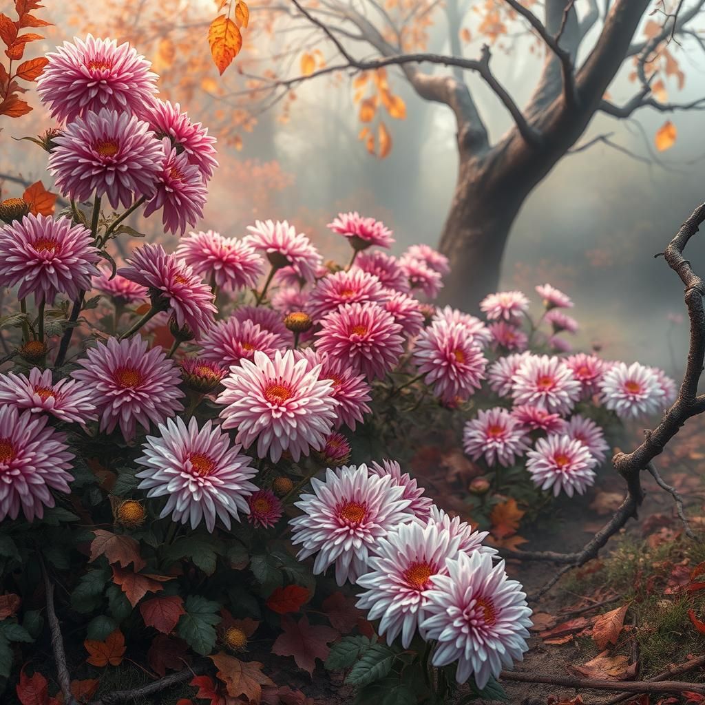 Misty Autumn Garden with Colorful Chrysanthemums