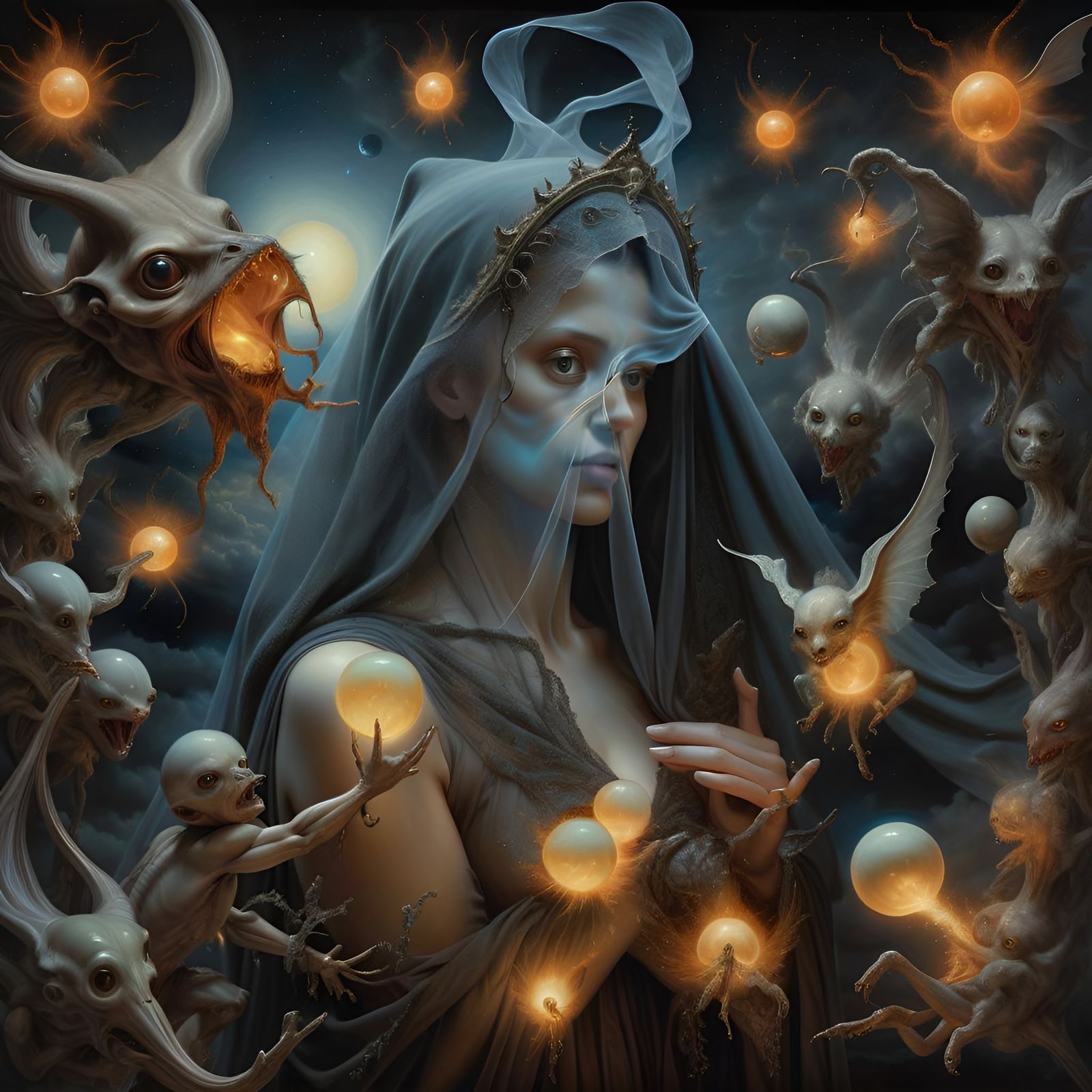 Surreal Woman with Cryptid Cherubs in Digital Oil