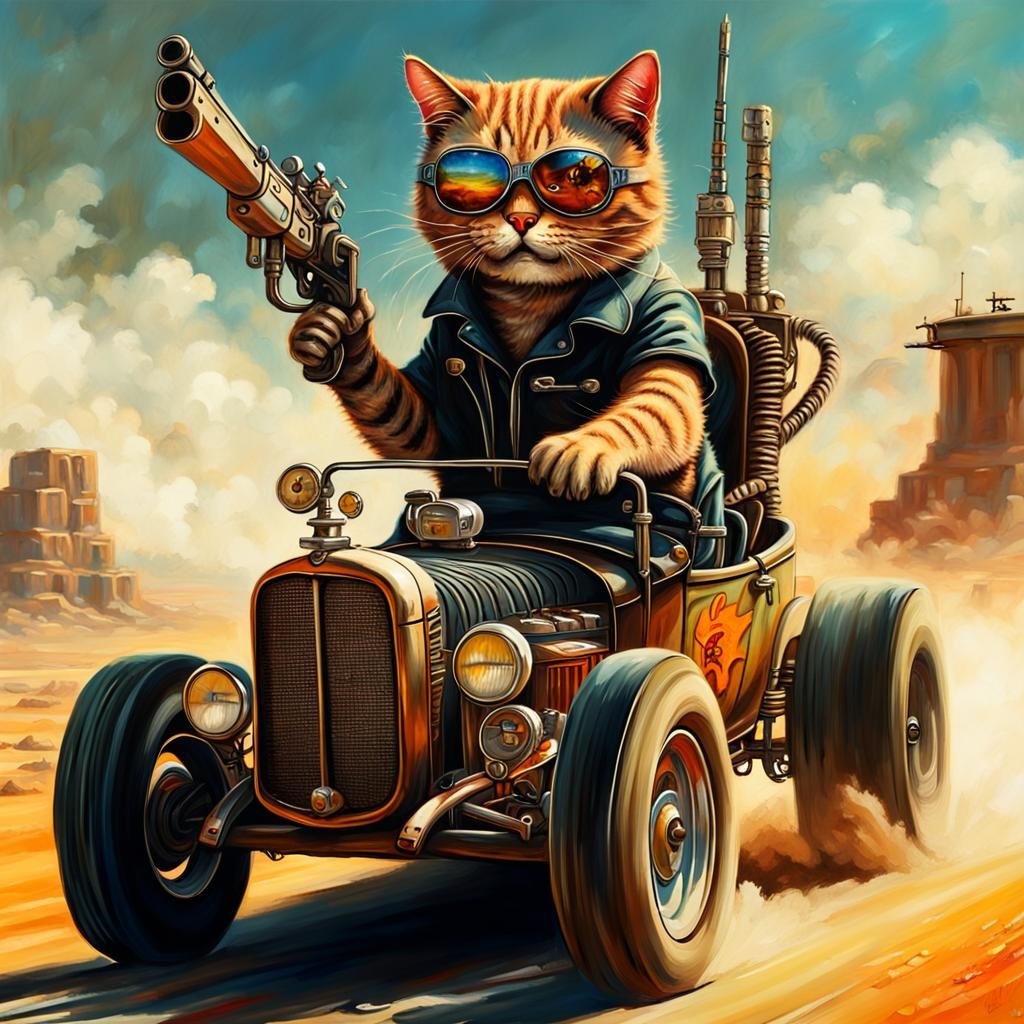 Badass Cat in Mad Max Style Hot Rod