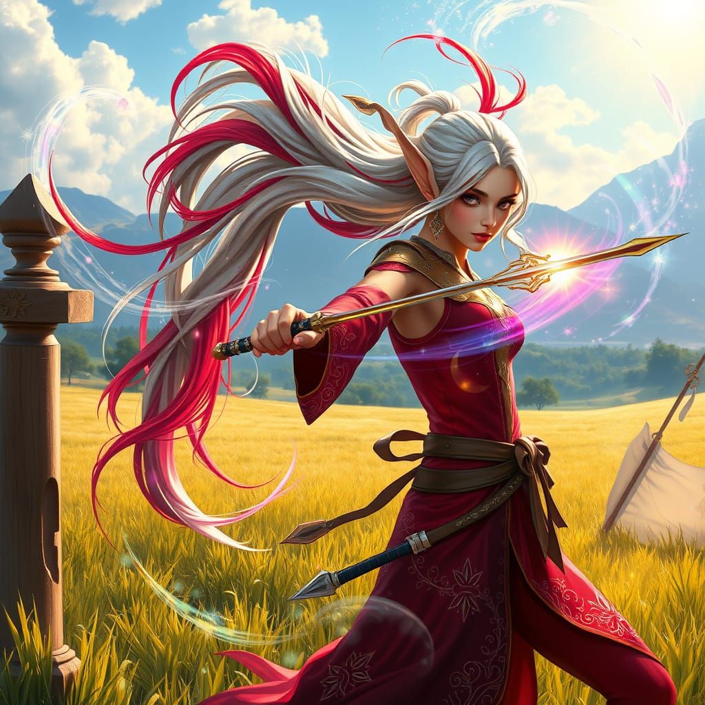 Ethereal Elf Maiden Trains in Whimsical Open Field
