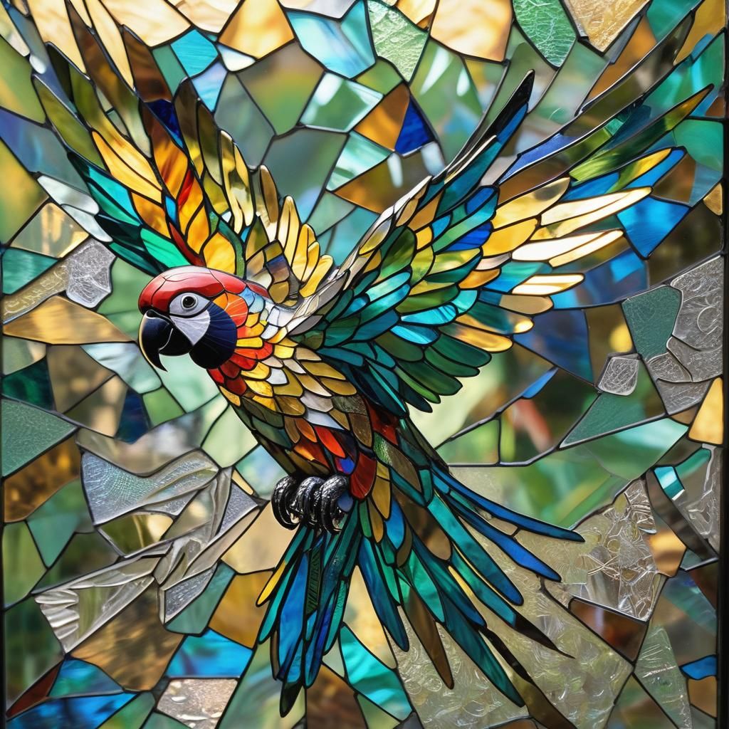 Kaleidoscopic Parrot in Stained Glass Style