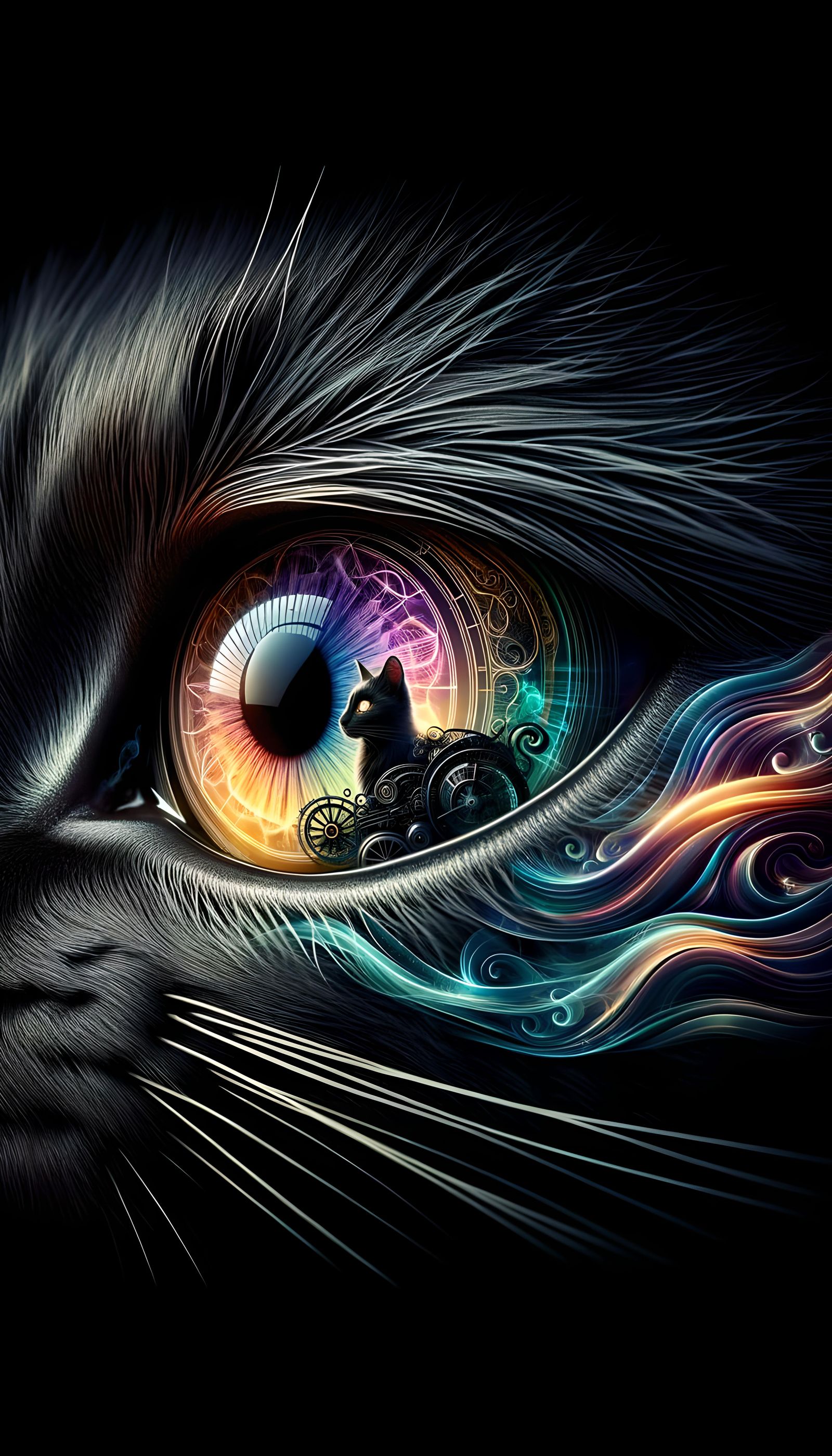 Double Exposure: Steampunk Cat Reflected in Rainbow Eye