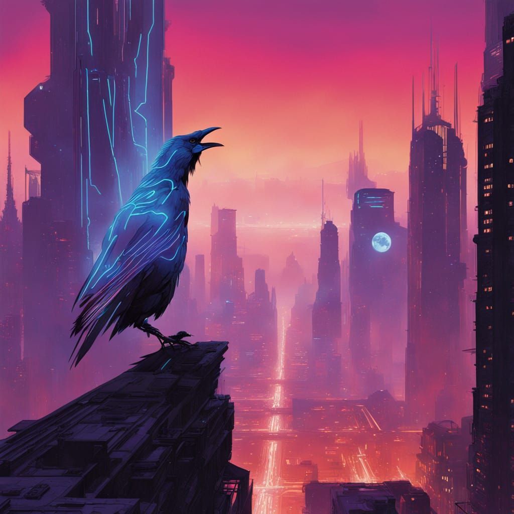 Cyberpunk Raven Soars Amidst Neon Cityscape