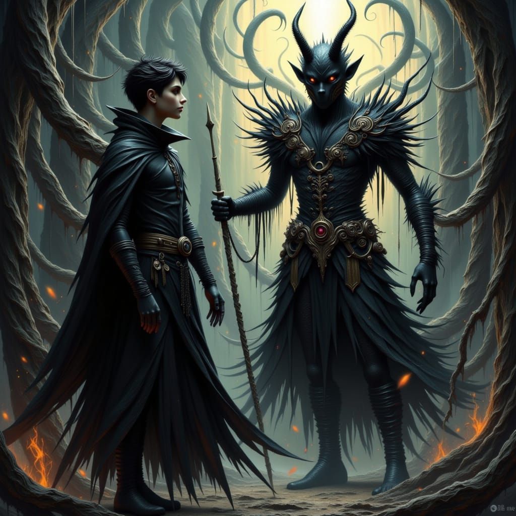 Menacing Demon Approaches Young Man in Gothic Style