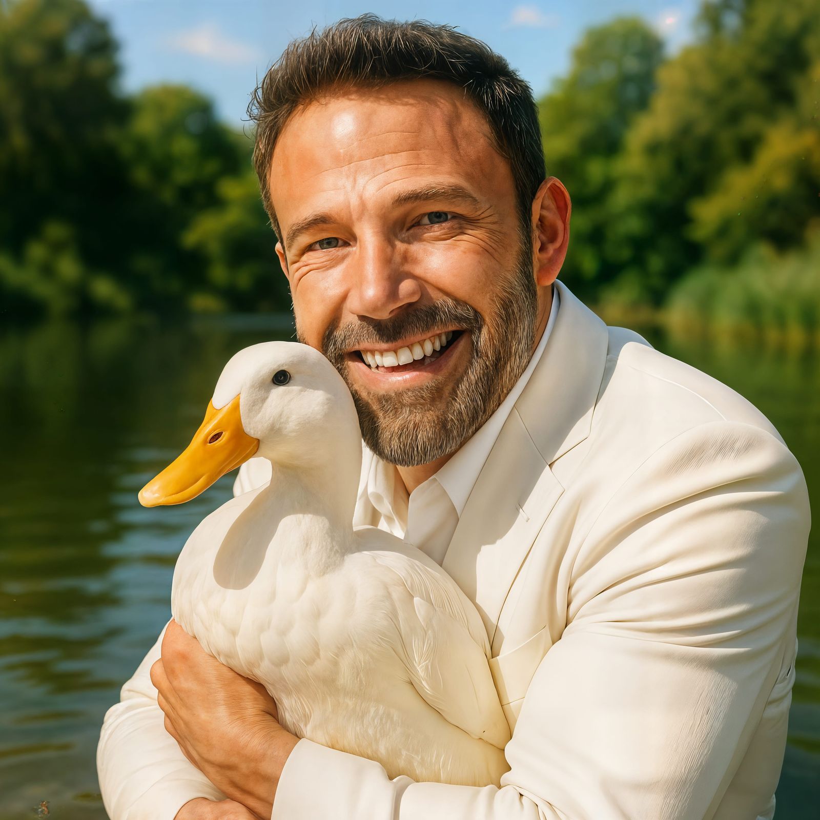 Ben Affleck Hugs a Duck in a Pond
