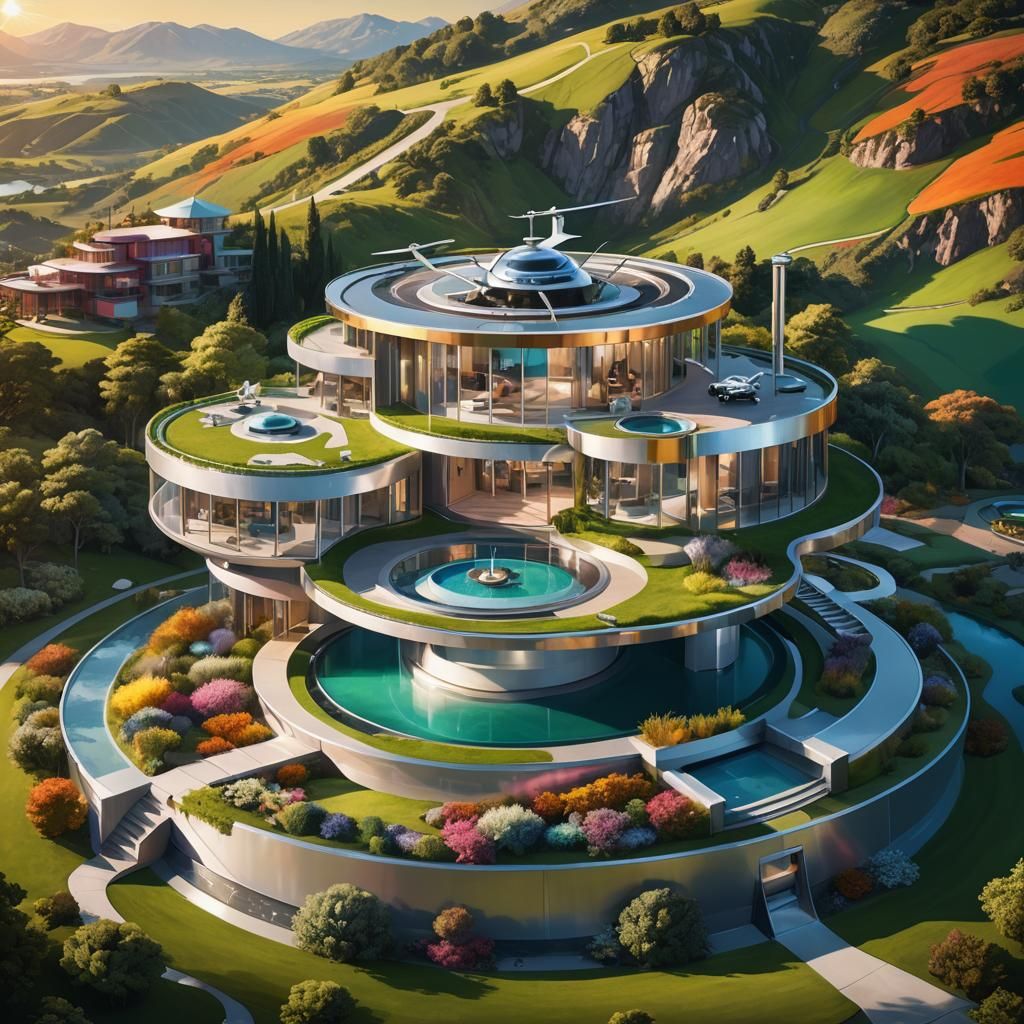Silver Circle Villa in Colorful Landscape, Hyperrealistic Ar...