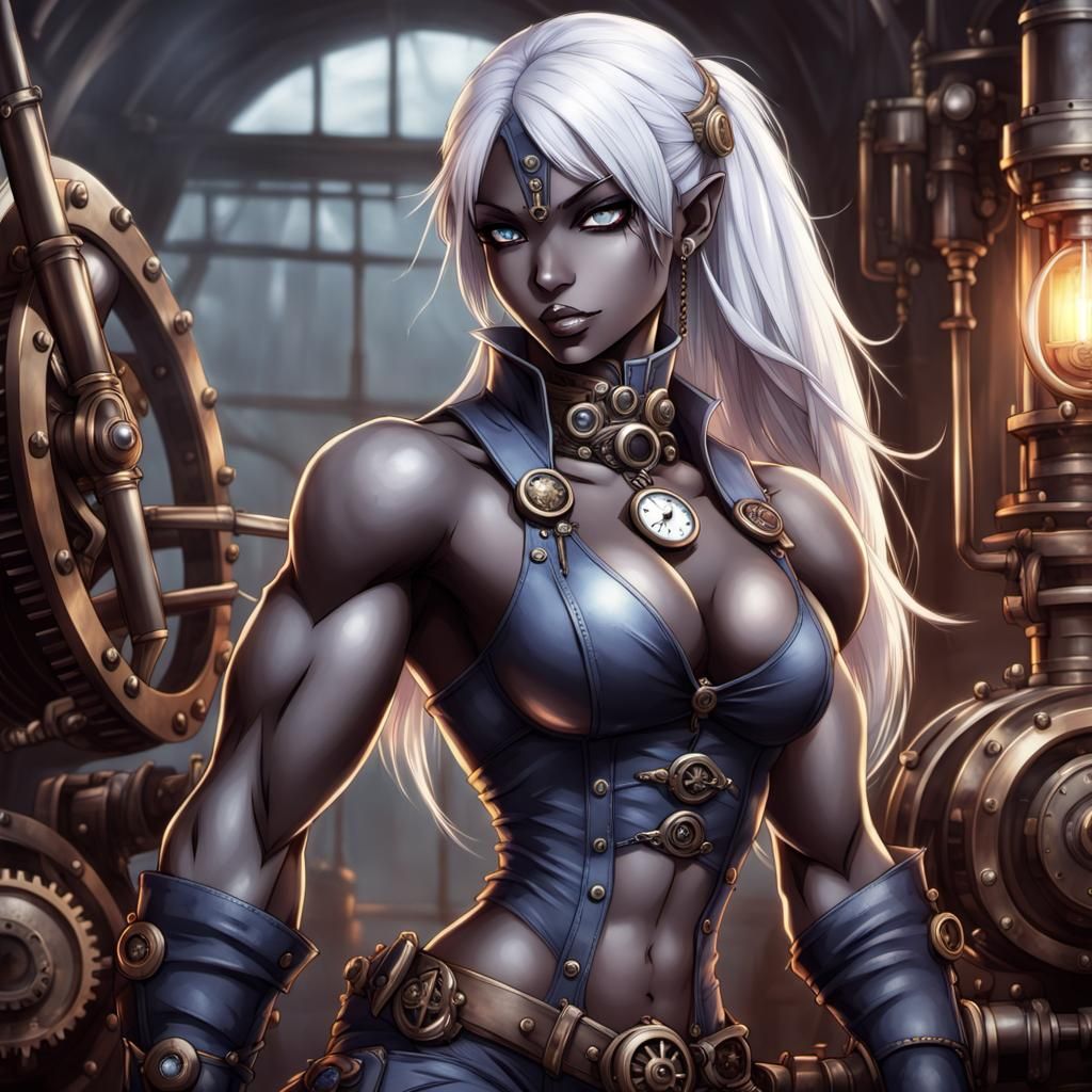 Muscular Drow with Steampunk Engine, Anime Style