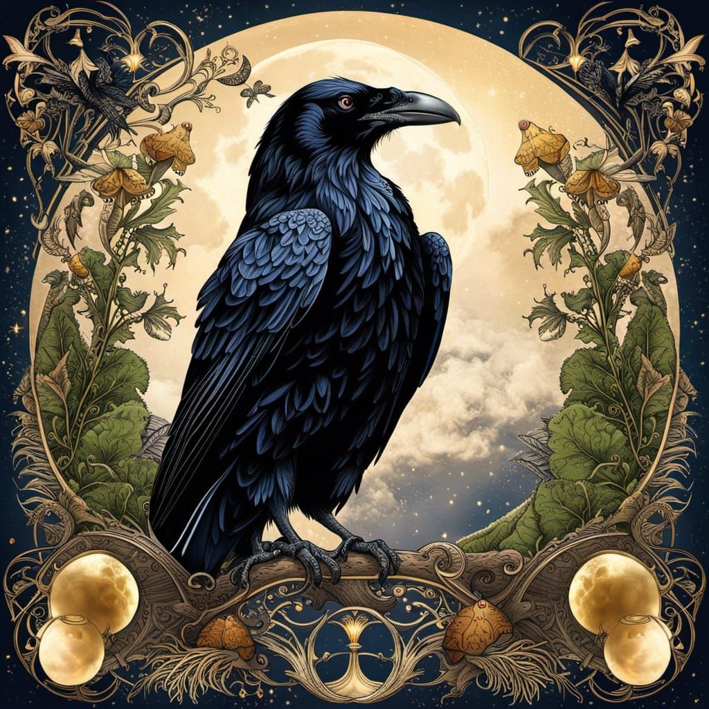 Raven on Moonlit Crescent in Ornate Botanical Design