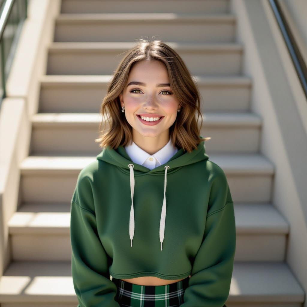 Drone Shot: French Girl on Campus Stairs