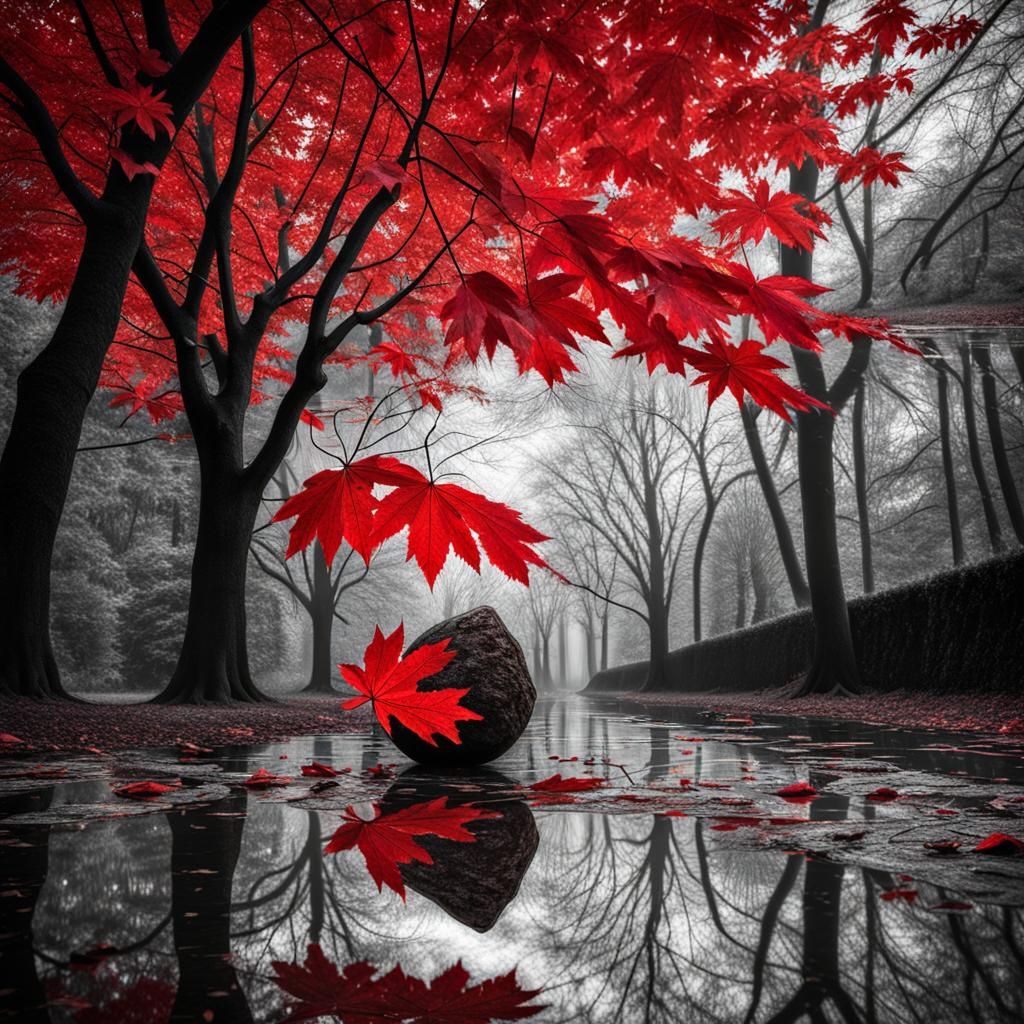 Autumn Leaves Reflections in Hyperrealistic Style