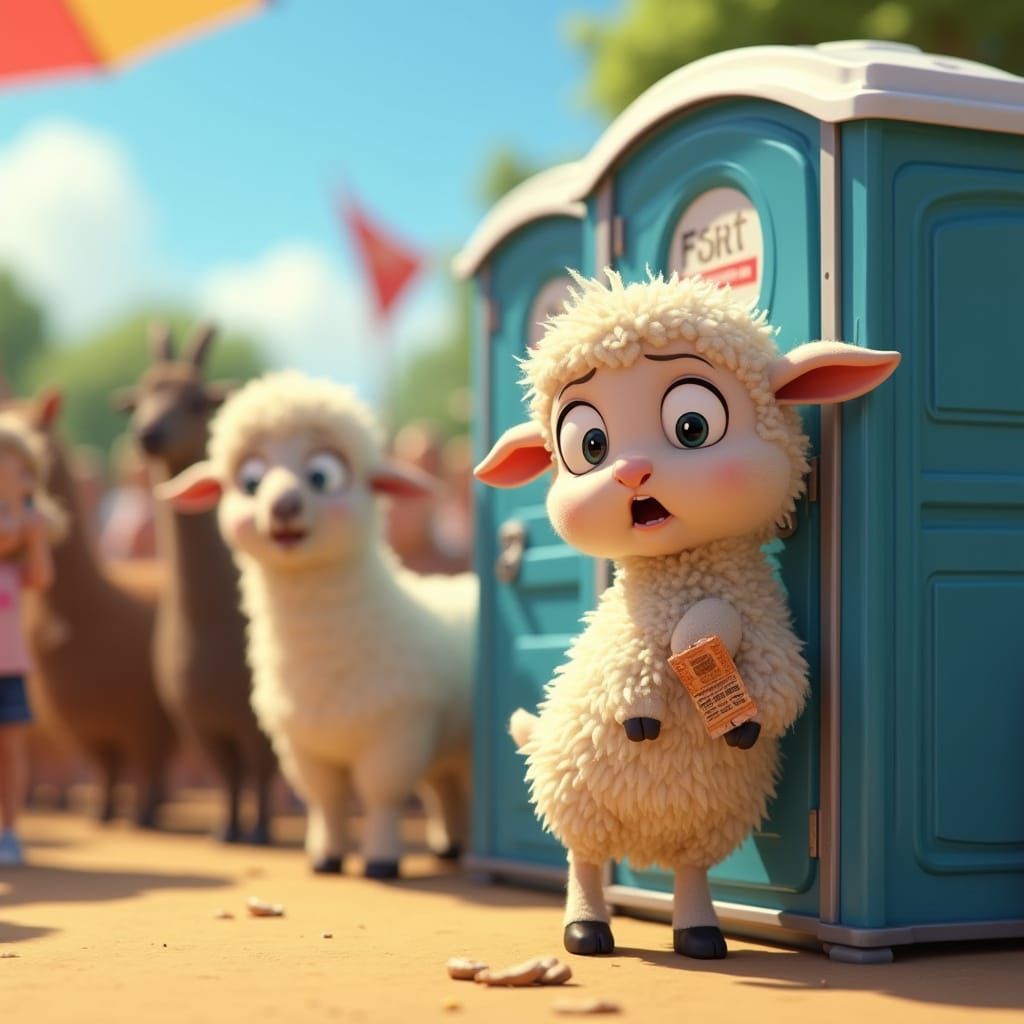 Lamb's Potty Panic: A Pixar-Style Music Festival Scene