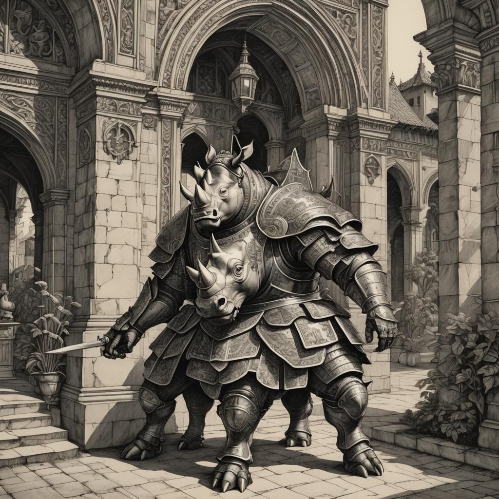 Dancing Armored Rhinoceros in Renaissance Courtyard