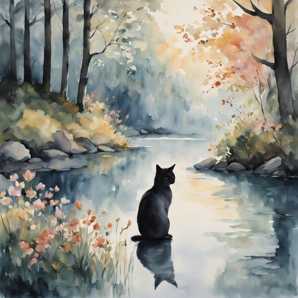 Whimsical Cat in Serene Watercolor Landscape