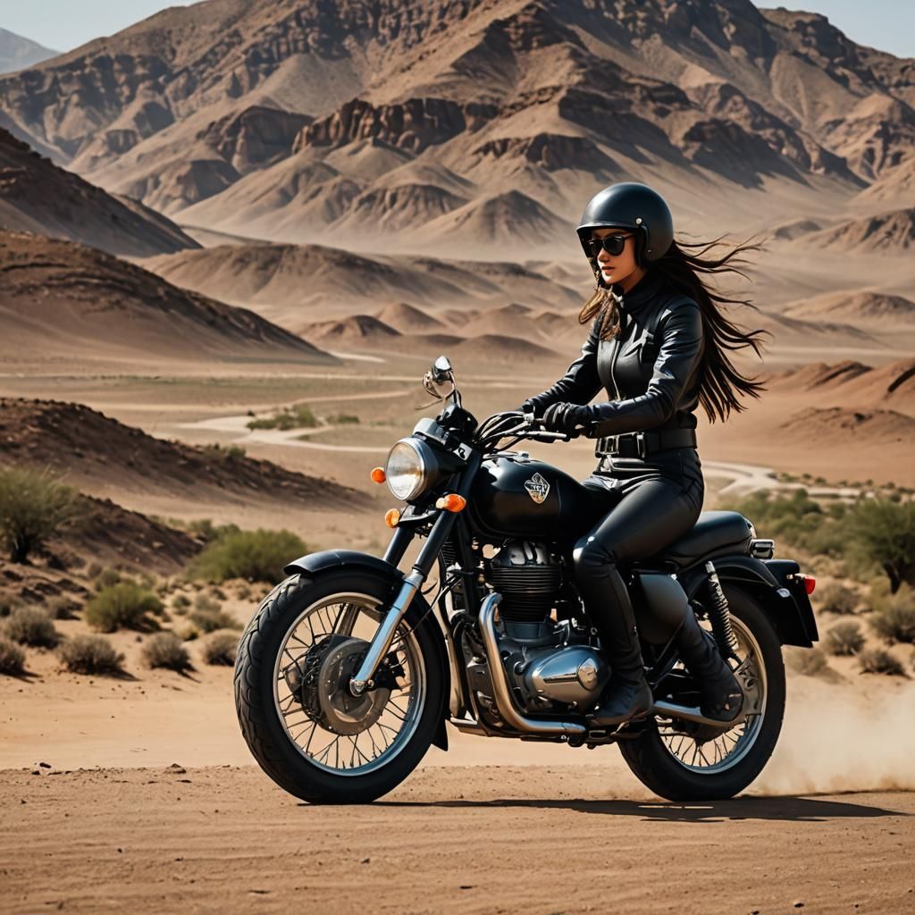 Woman on Royal Enfield Scram 411 in Desert