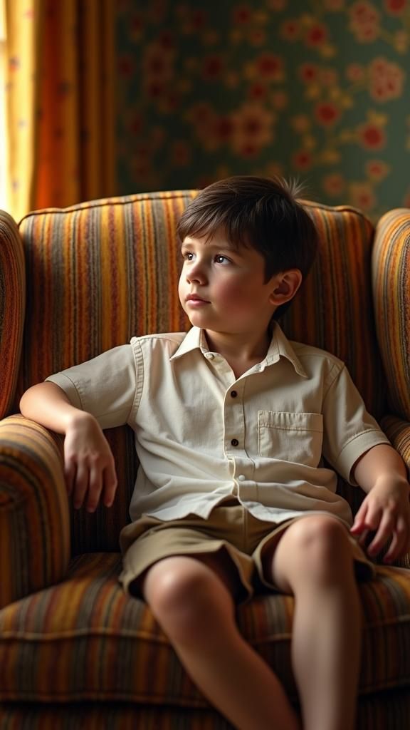Boy Talking to Mother in Hyperrealistic Interior