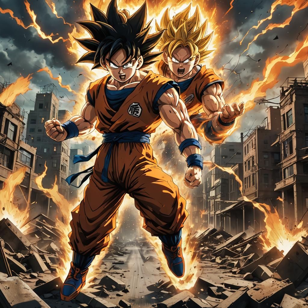 Goku Charges Kamehameha in Post-Apocalyptic City
