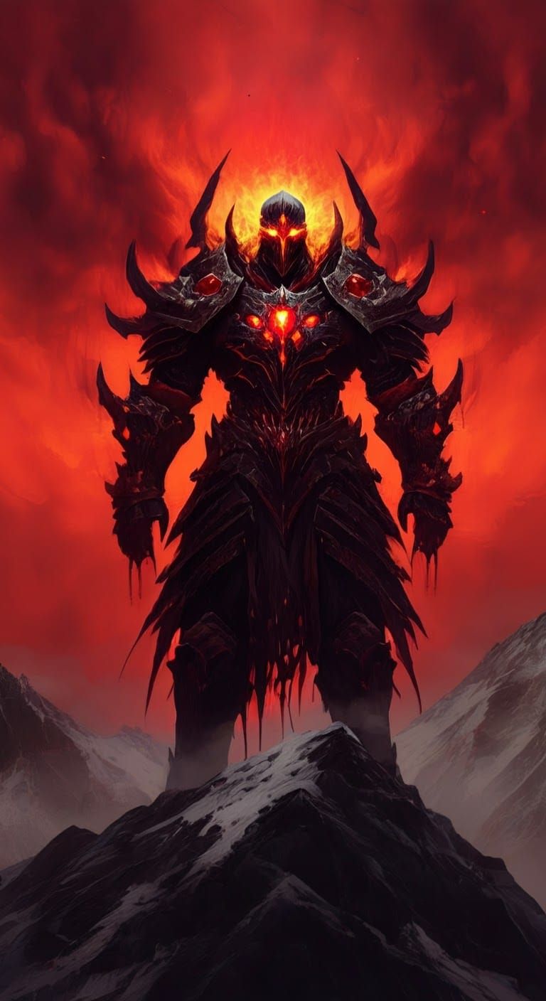 Fearsome War God on Mountain Peak in Macabre Style