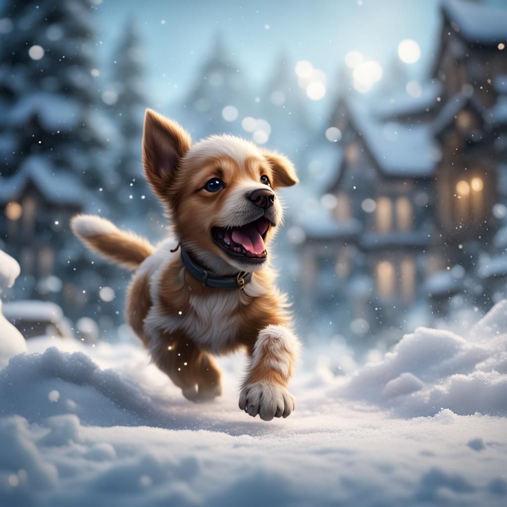 Adorable Puppy Playing in Snow: Detailed Matte Painting