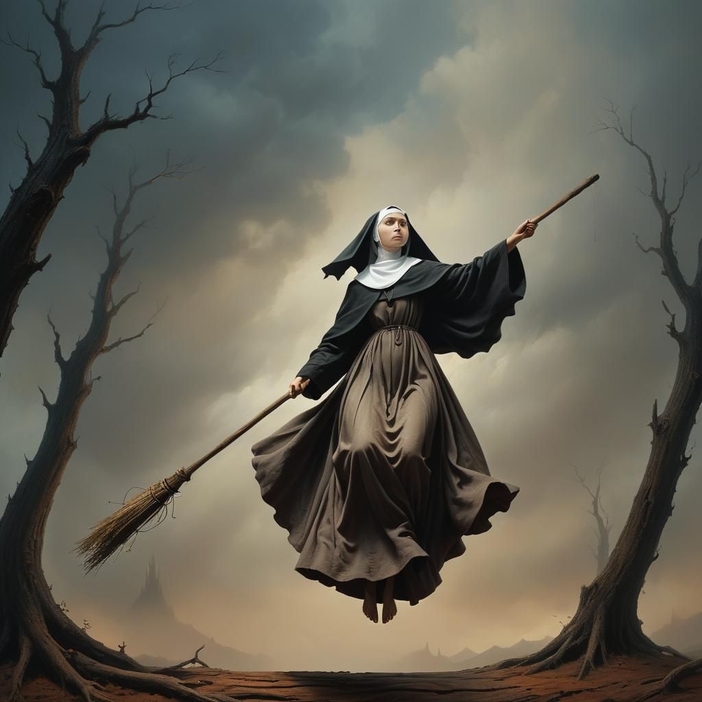 Flying Nun in Dark Fantasy Art Style