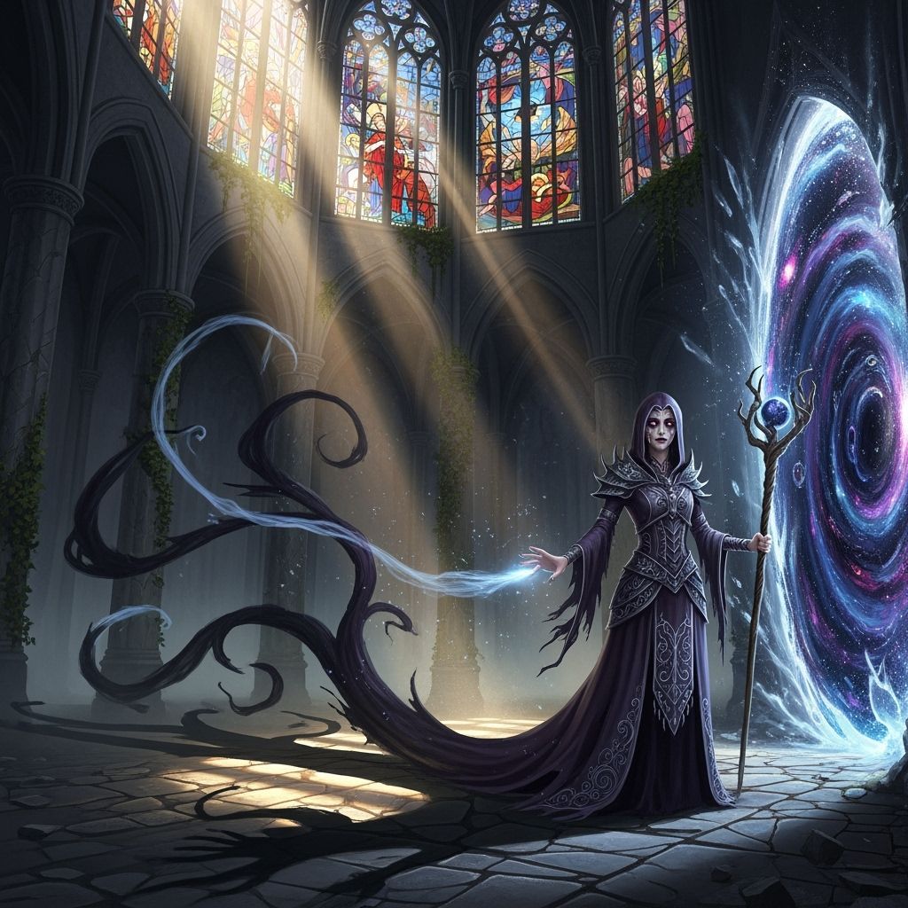 A lone sorceress, her face etched with existential dread, st...