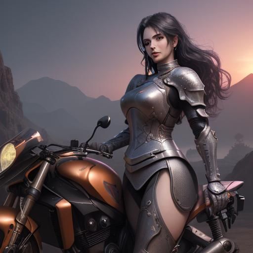 Motorcycle Woman Licks Knight's Face at Sunrise