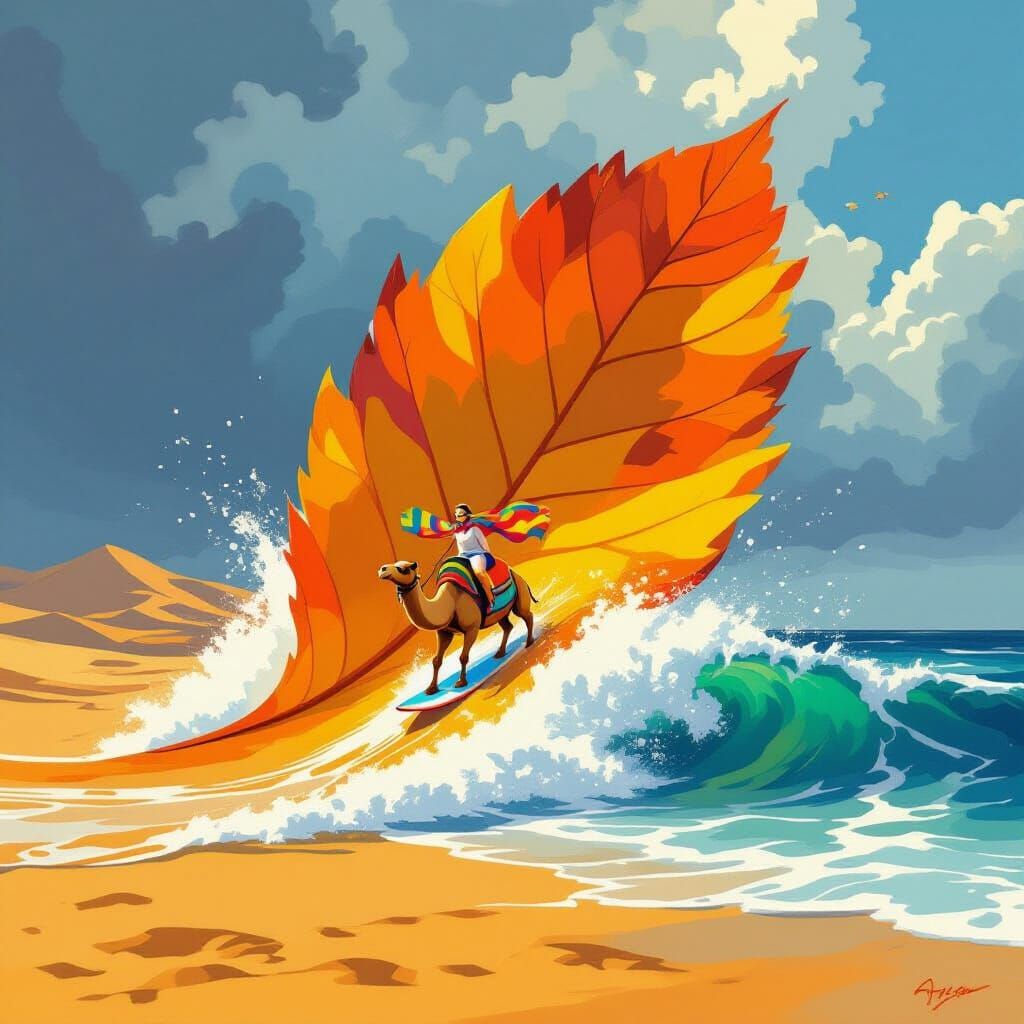 Camel Surfs Giant Leaf Waterslide from Desert to Stormy Sea
