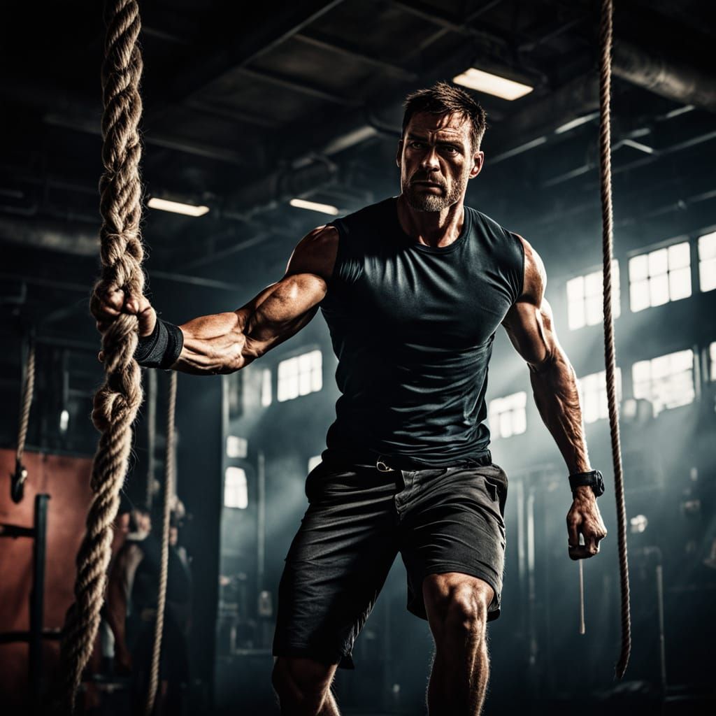 Young Athlete Climbs Rope in Cinematic Gym Setting