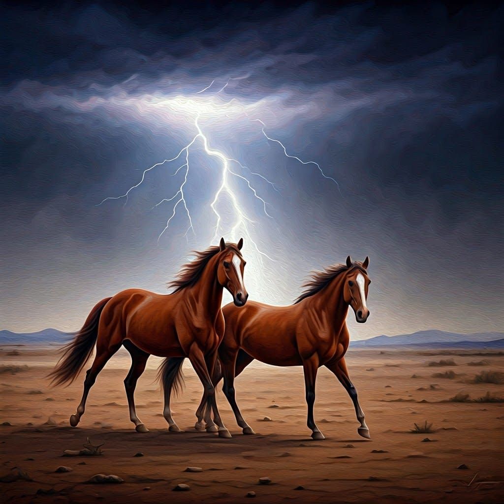 Desert Horses Under Open Sky: An Oil Painting