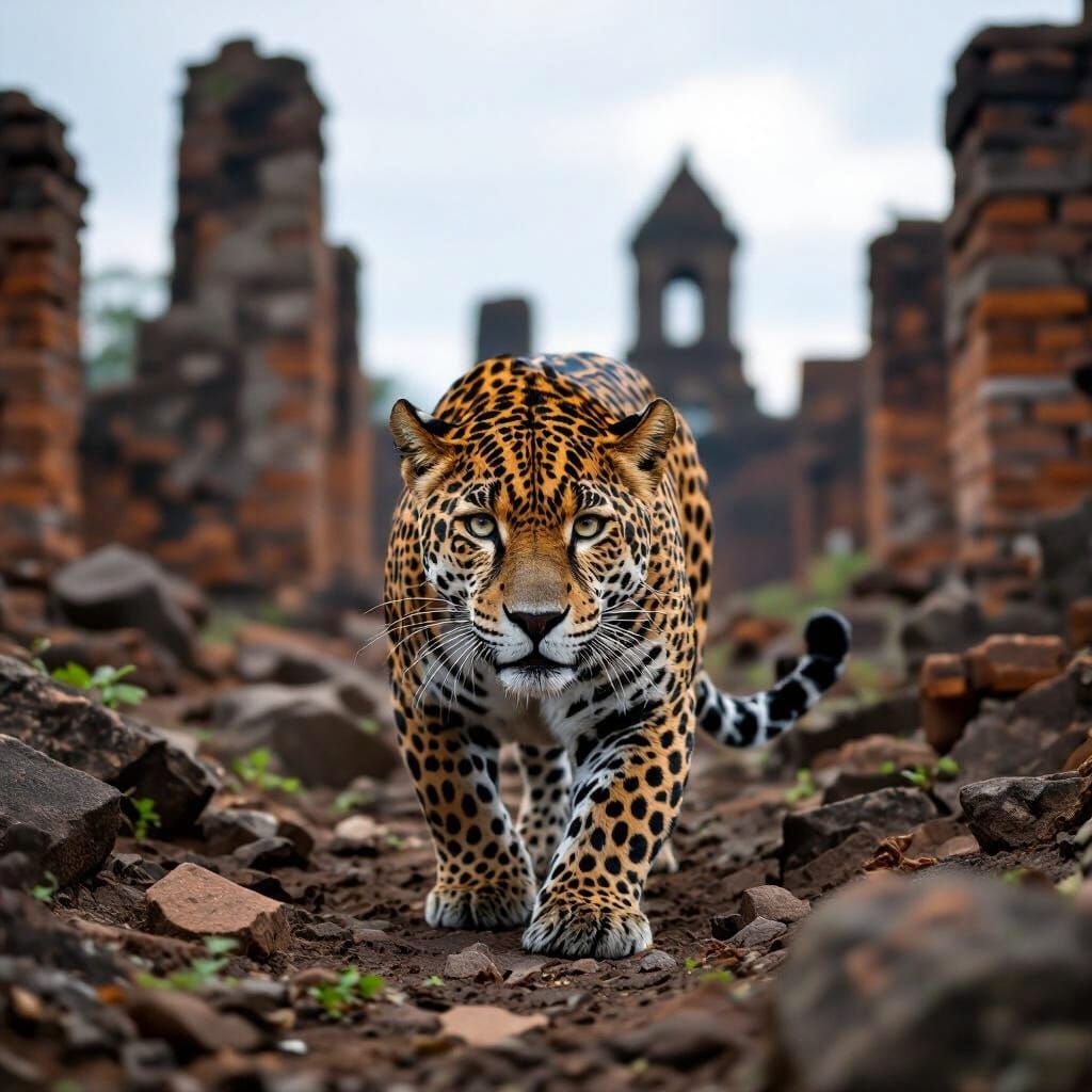 Jaguar Among Jesuit Ruins Hunting Prey