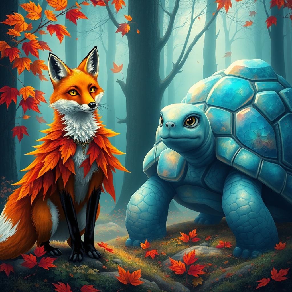 Mystical Forest: Fox and Turtle in Surreal Landscape