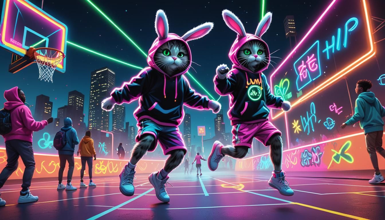 Neon Street Art: Cat and Rabbit Jump Rope Battle