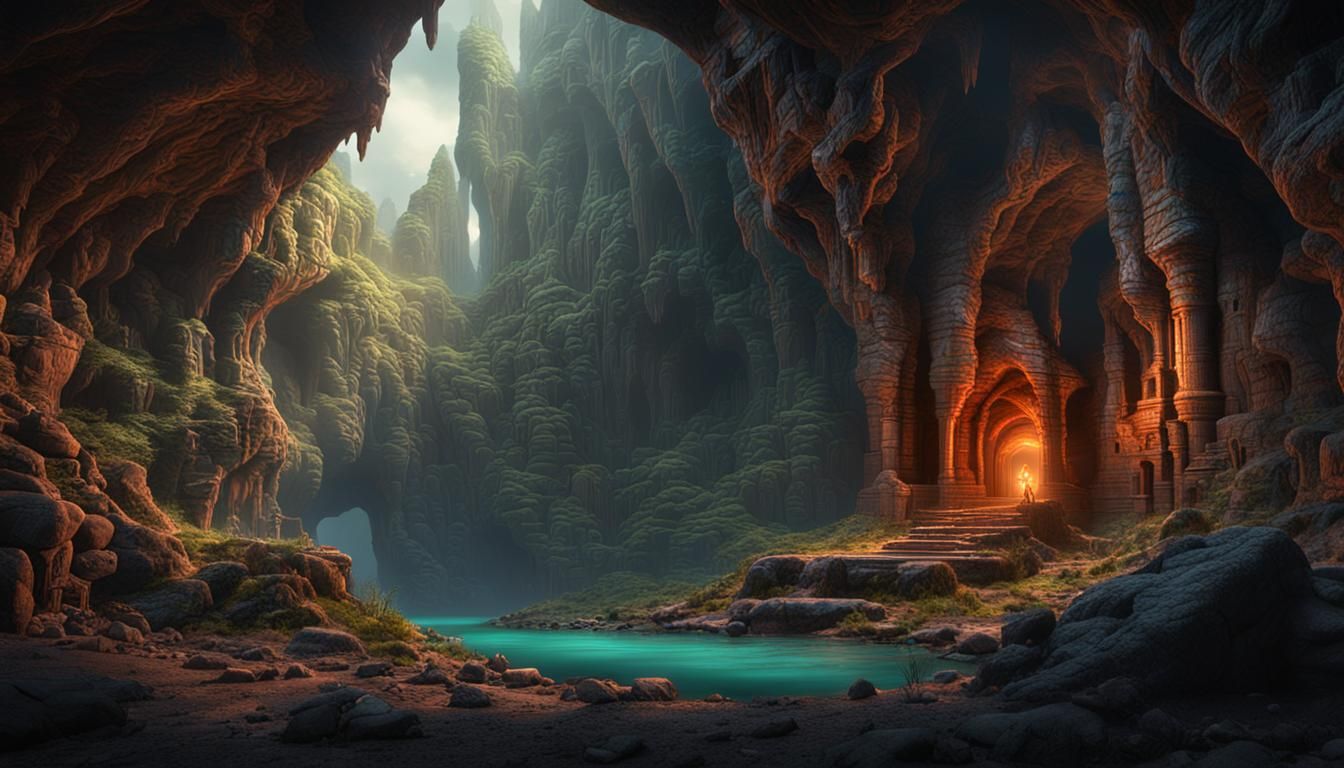 Dachshund in Cave: Detailed Matte Painting