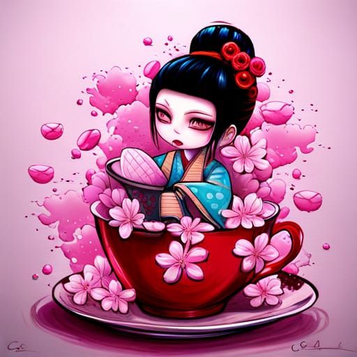 Geisha Chibi in Teacup: Graffiti Street Art