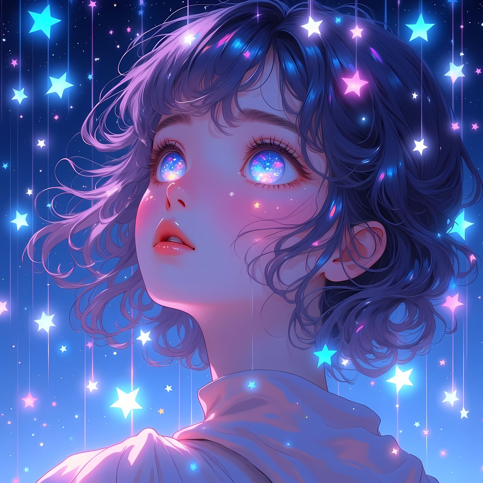 Anime Girl Gazing at Luminescent Stars in Jelly Style