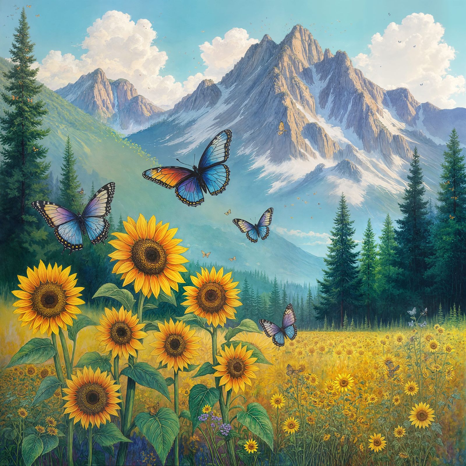 Watercolor Butterflies on Sunflowers in Rocky Mountains