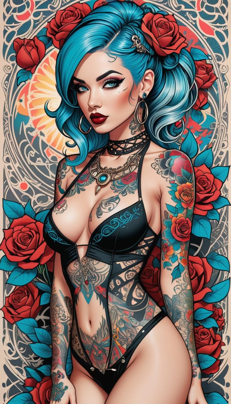 Tattooed Pin-Up Goddess in Modern Graphic Style