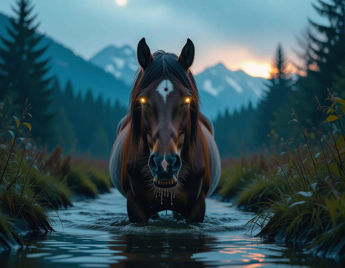 Grimdark Carnivorous Horse Guards Forest Ford in Hyperrealis...